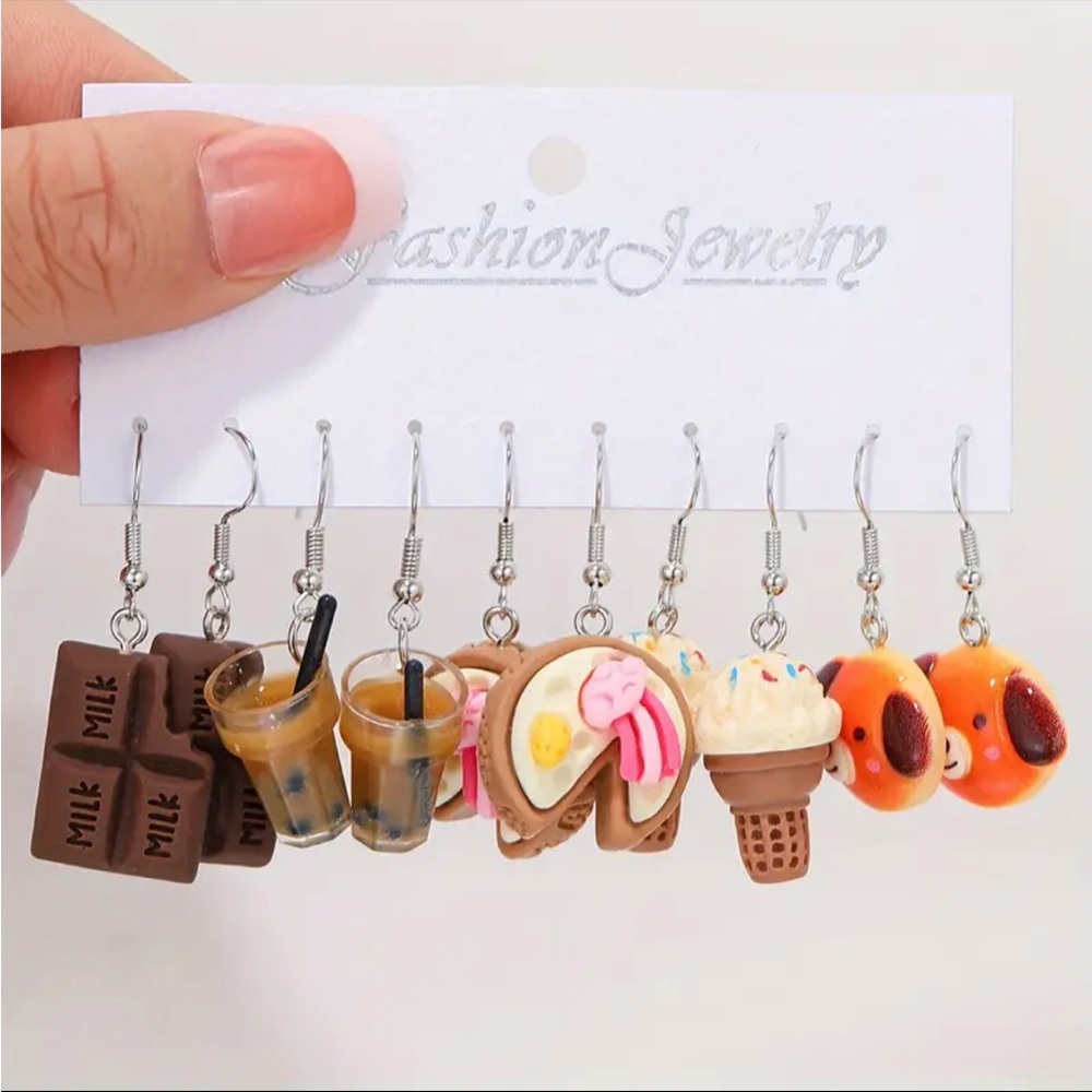 Set of 5 Chocolate Sweets Pierced Earrings Cake Ice Cream Boba Tea Candy Bar Dog